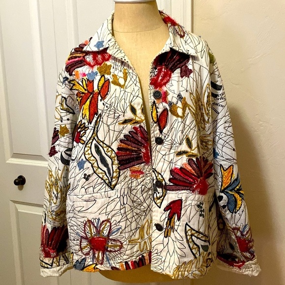 Chico’s Chore Jacket Womens M Floral oversized cottage Artsy Art To Wear - Picture 2 of 12